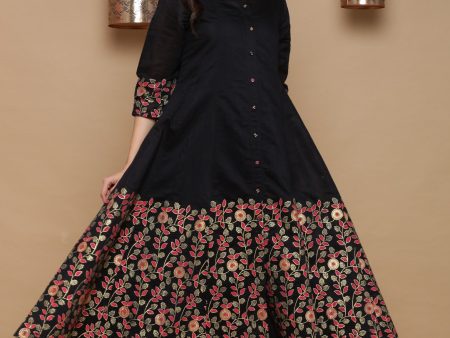 Juniper Women Black Chanderi Silk Printed Anarkali Kurta Online