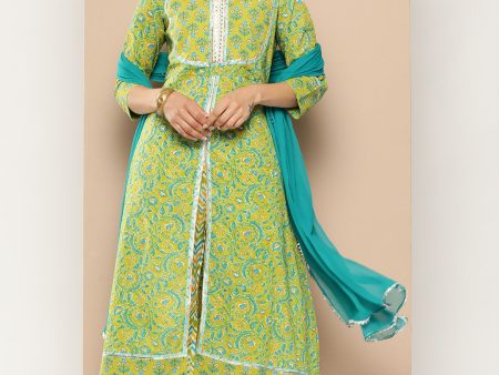 KSUT (House of Varanga) Green Floral Printed A-Line Kurta Paired With Printed Palazzo And Chiffon Dupatta For Discount