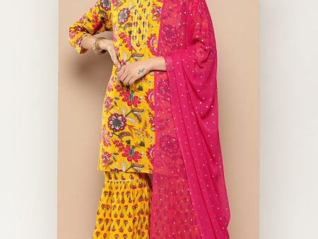 KSUT (House of Varanga) Yellow & Pink Floral Printed Kurta with Gota Work With Sharara & Dupatta Hot on Sale