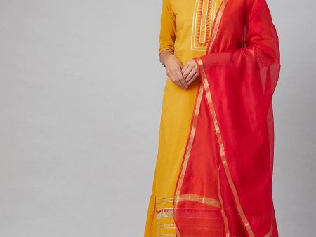 NOZ2TOZ Mustard & Red Solid Kurta With Skirt & Dupatta Supply