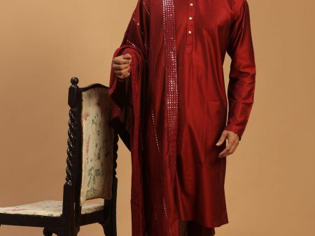 Shrestha By Vastramay Men s Maroon Viscose Kurta, Pyjama & Dupatta Set Cheap