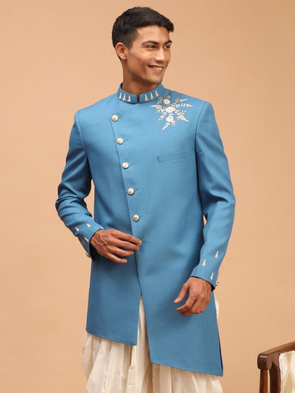 Shrestha By Vastramay Men s Turquoise Silk Blend Sherwani Only Top For Discount