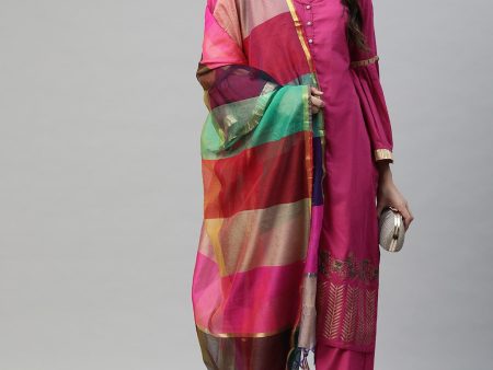 NOZ2TOZ Magenta Regular Pure Cotton Kurta With Palazzos & Dupatta For Sale