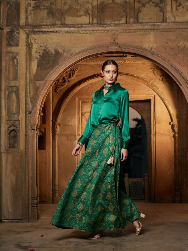 Lyush Women Green Satin Shirt With Brocade Skirt For Cheap