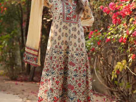 Juniper Women Beige Cambric Printed Flared Dress on Sale