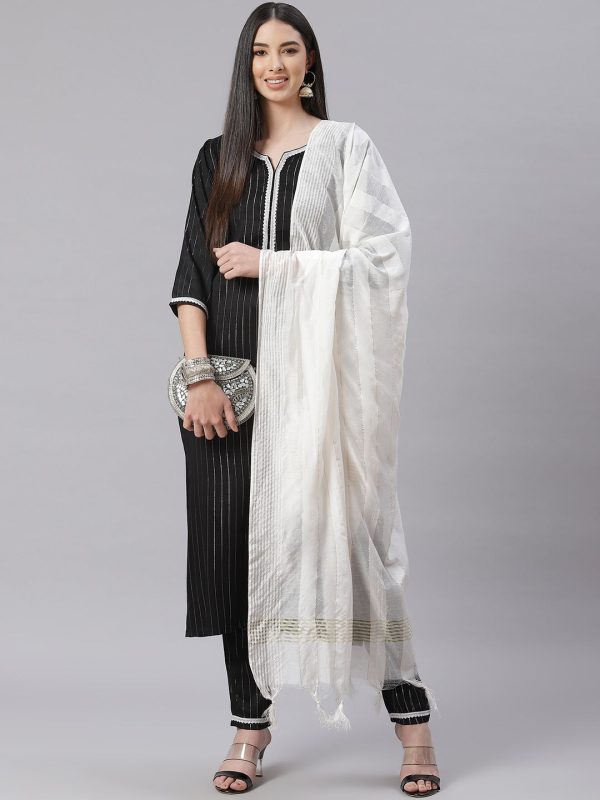 NOZ2TOZ Black And White Striped Kurta With Trousers & Dupatta Hot on Sale