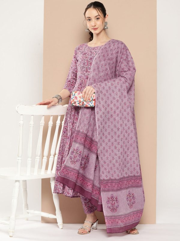 NOZ2TOZ Women Lavender Floral Printed Kurta With Trouser And Dupatta Online now