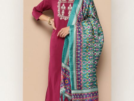 KSUT (House of Varanga) Magenta Kurta With Dori And Zari Embroidered Yoke Paired With Organza Dupatta And Straight Trouser on Sale