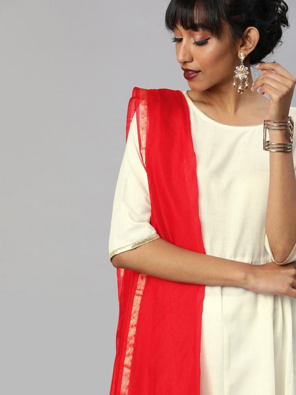 NOZ2TOZ Off-White & Red Printed Anarkali Kurta With Palazzos & Dupatta on Sale