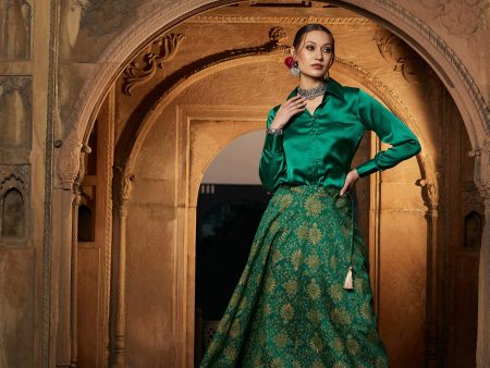 Lyush Women Green Satin Shirt With Brocade Skirt For Cheap