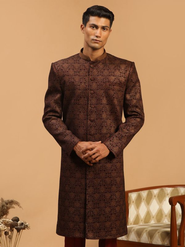 Shrestha By Vastramay Men s Maroon Silk Blend Sherwani Only Top For Sale