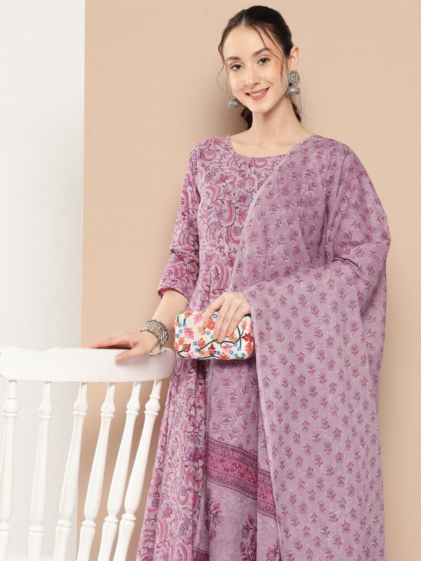 NOZ2TOZ Women Lavender Floral Printed Kurta With Trouser And Dupatta Online now