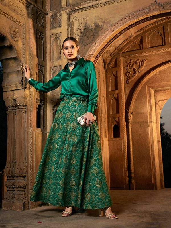 Lyush Women Green Satin Shirt With Brocade Skirt For Cheap