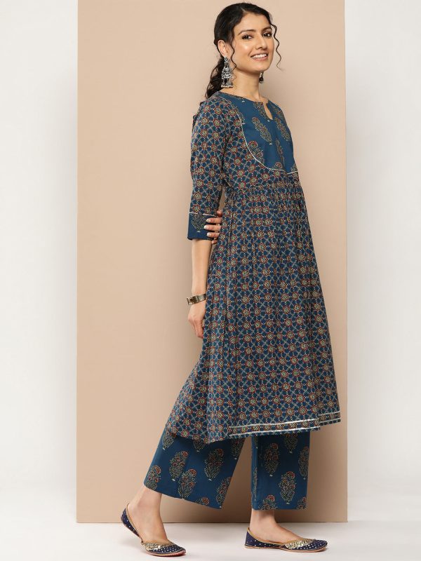 KSUT (House of Varanga) Blue And Rust Yoke Style Anarkali Paired With Printed Palazzo And Ombre Dupatta Sale