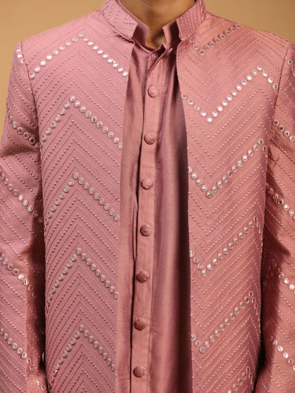 Shrestha By Vastramay Men s Onion Pink And Cream Viscose Sherwani Set on Sale