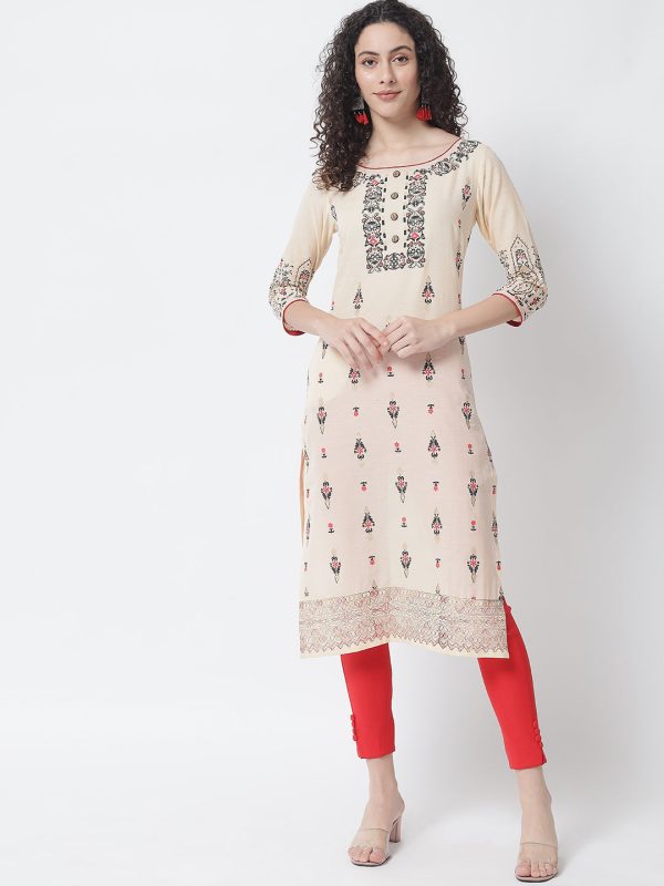 NOZ2TOZ Beige Ethnic Motifs Printed Block Print Cotton Kurta Supply