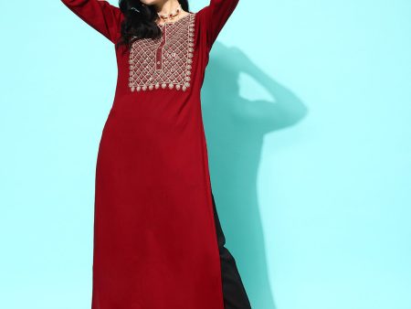 NOZ2TOZ Women Maroon Embroidered Yoke Desgin Straight Kurta Supply