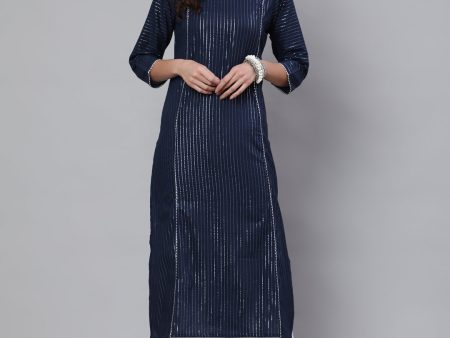 NOZ2TOZ Women Navy Blue Striped Lurex Straight Kurta With Three Quarter Sleeves Online Hot Sale