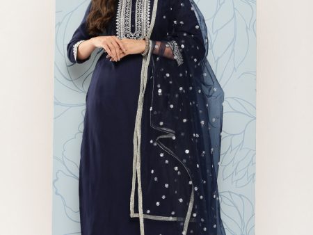 NOZ2TOZ Women Navy Blue Embroidered Straight Kurta With Palazzo And Net Dupatta Cheap