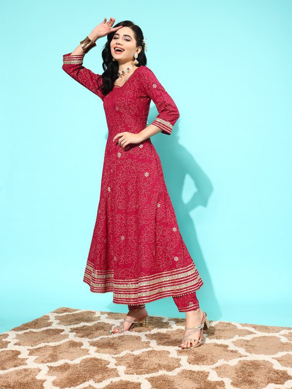 NOZ2TOZ Women Maroon Floral Printed Regular Gotta Patti Pure Cotton Kurta With Trousers & With Dupatta Discount