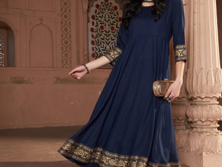 Lyush Women Navy Floral Foil Border Anarkali Kurta With Pants For Sale