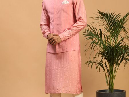 Shrestha By Vastramay Men s Pink And Cream Cotton Blend Jacket, Kurta And Pyjama Set For Sale