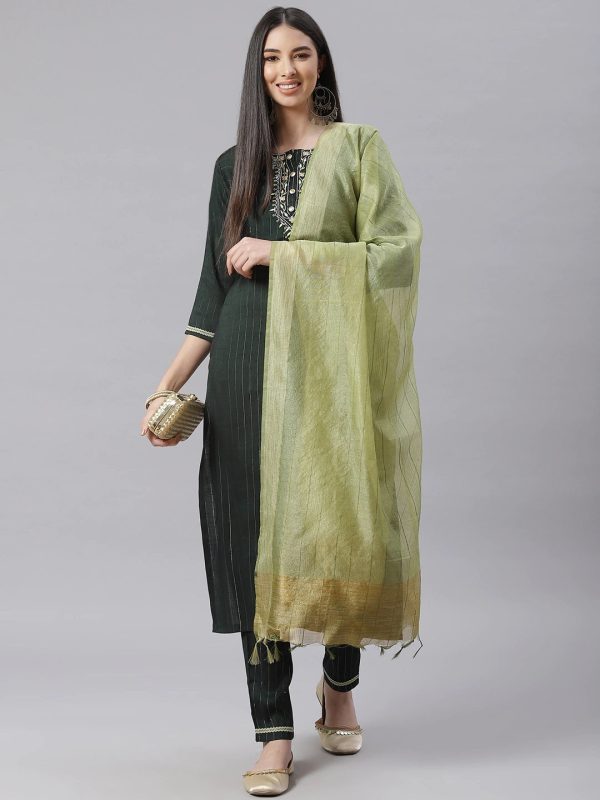 NOZ2TOZ Green Striped Kurta With Trousers And Dupatta For Cheap