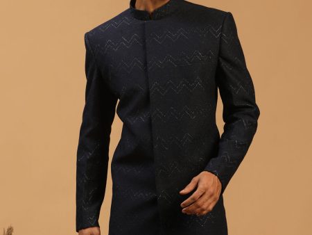 Shrestha By Vastramay Men s Navy Blue Silk Blend Sherwani Only Top Fashion