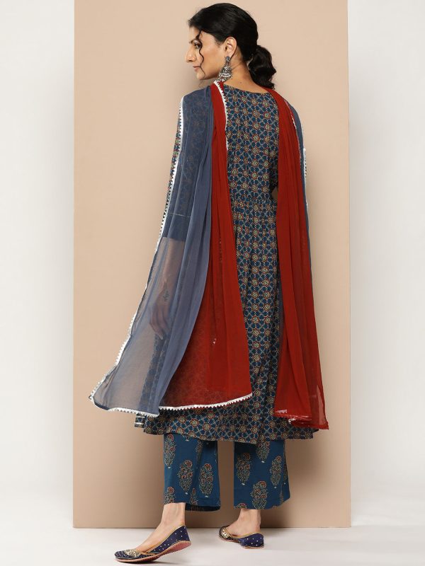 KSUT (House of Varanga) Blue And Rust Yoke Style Anarkali Paired With Printed Palazzo And Ombre Dupatta Sale