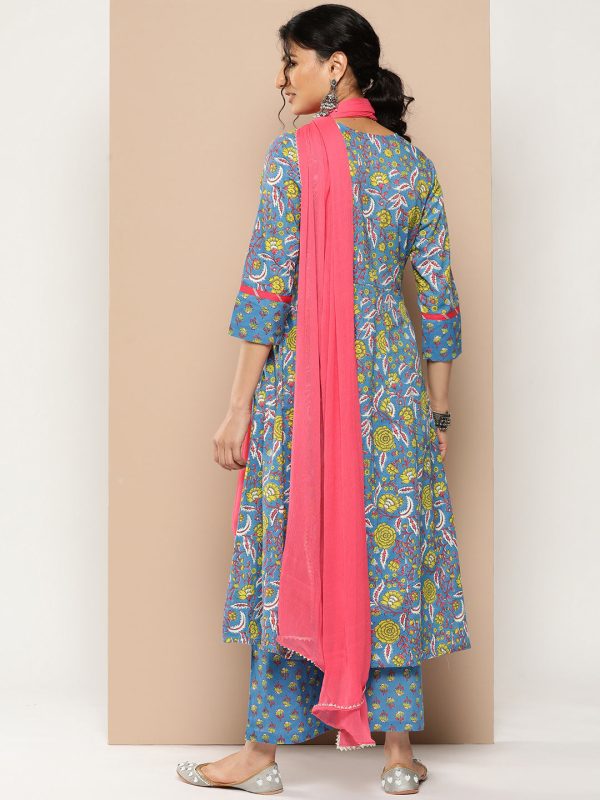 KSUT (House of Varanga) Blue Floral Printed Anarkali Kurta Paired With Printed Palazzo And Dupatta Hot on Sale