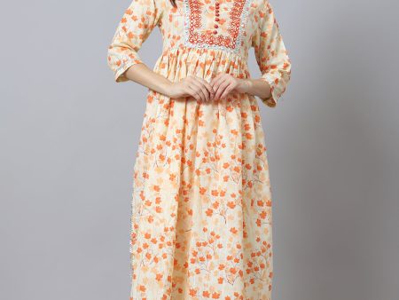 NOZ2TOZ Orange Maple Leaf Printed Kurta With Patra Embroidery Hot on Sale