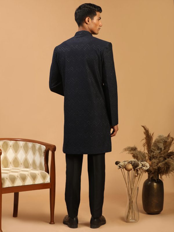 Shrestha By Vastramay Men s Navy Blue And Black Silk Blend Sherwani Set Online Sale