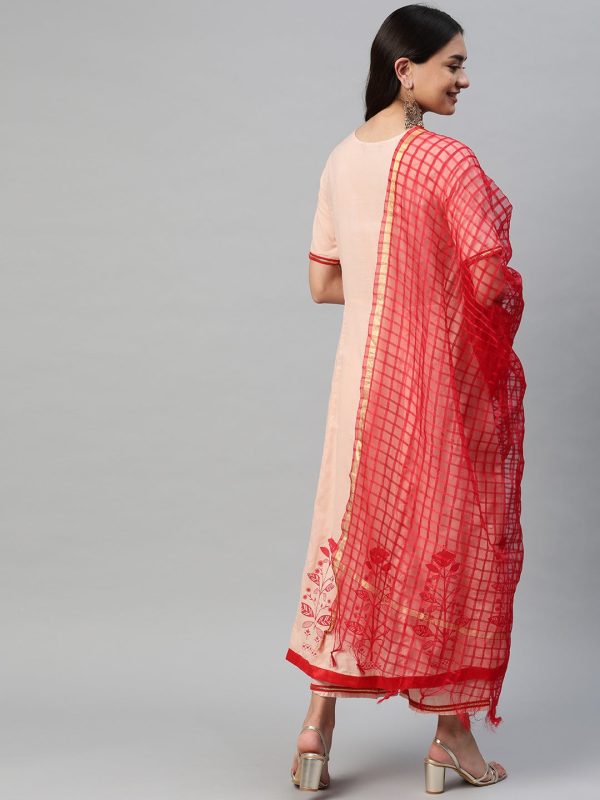 NOZ2TOZ Peach-Coloured & Red Printed Kurta With Palazzos & Dupatta Online now