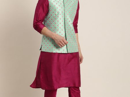 Shrestha By Vastramay Men s Mint Green And Pink Poly Viscose Jacket, Kurta And Pyjama Set For Cheap