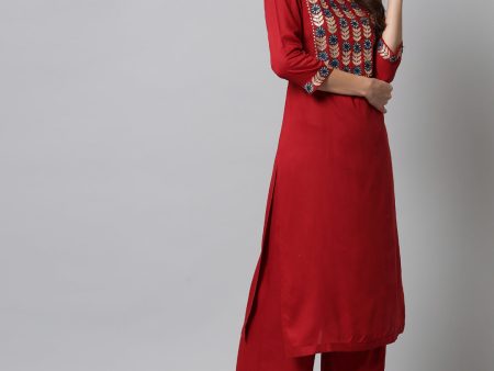 NOZ2TOZ Embroidered Red Kurta Palazzo Set Discount