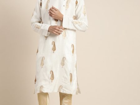 Shrestha By Vastramay Men s White And Gold Silk Blend Kurta Pyjama Set Online Hot Sale