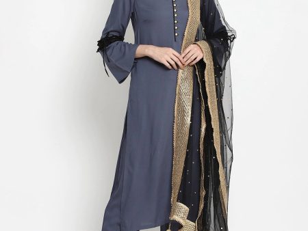 NOZ2TOZ Grey Kurta With Trousers & Dupatta on Sale