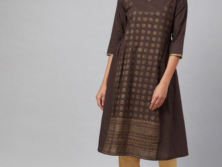 NOZ2TOZ Brown & Golden Ethnic Motifs Printed Kurta Online now