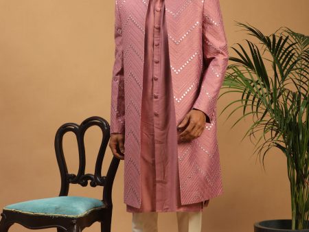 Shrestha By Vastramay Men s Onion Pink And Cream Viscose Sherwani Set on Sale