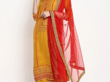 NOZ2TOZ Mustard Yellow & Red Printed Kurta With Trousers & Dupatta Discount