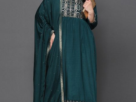 NOZ2TOZ Women s Ethnic Motifs Embroidered Pure Silk Kurta with Trousers & With Dupatta Online Sale