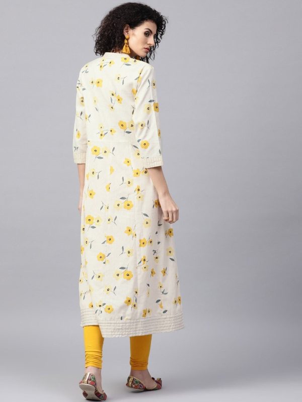 NOZ2TOZ Off-White & Mustard Yellow Printed A-Line Kurta For Discount