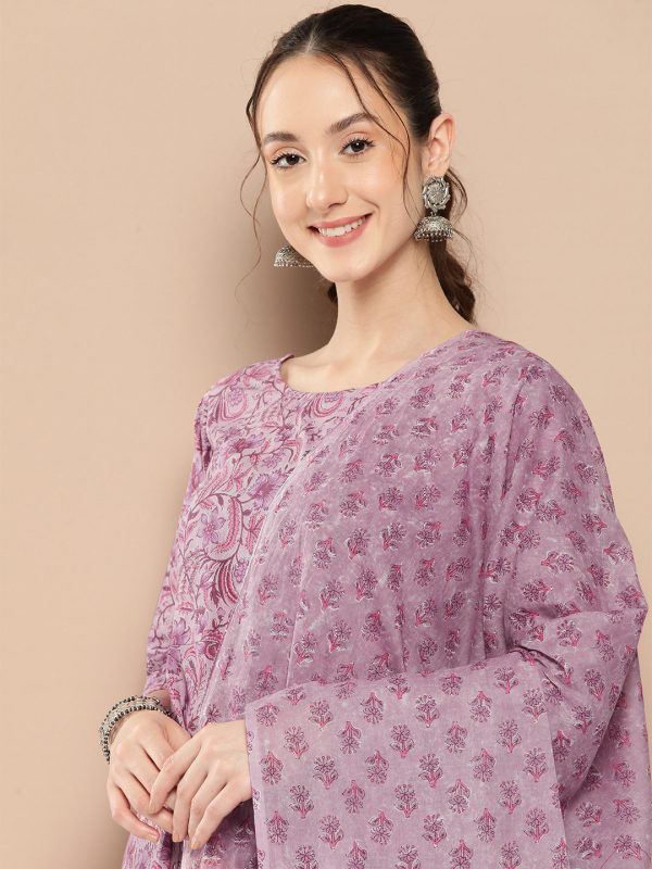 NOZ2TOZ Women Lavender Floral Printed Kurta With Trouser And Dupatta Online now