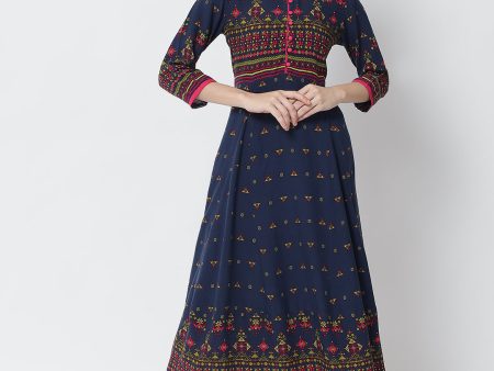 NOZ2TOZ Blue Ethnic Motifs Printed Block Print Anarkali Kurta For Sale