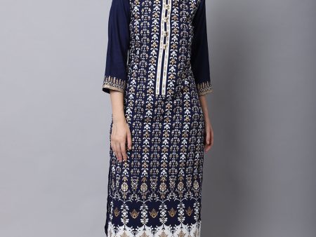 NOZ2TOZ Women Navy Blue & White Printed Kurta For Cheap