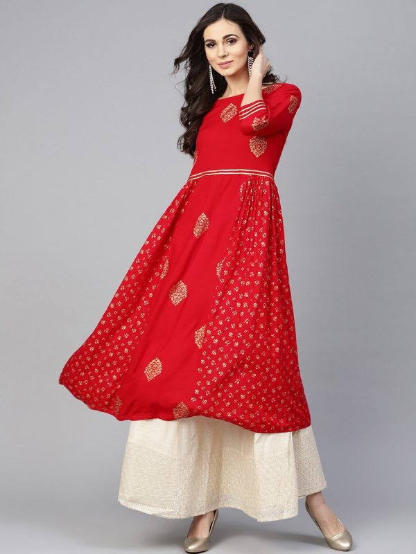 NOZ2TOZ Red & Golden Printed A-Line Kurta Online