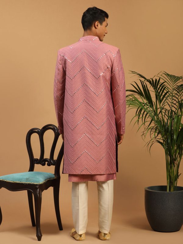 Shrestha By Vastramay Men s Onion Pink And Cream Viscose Sherwani Set on Sale