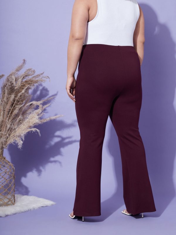 Lyush Women Burgundy Bell Bottom 4-Way Stretch Trousers Fashion