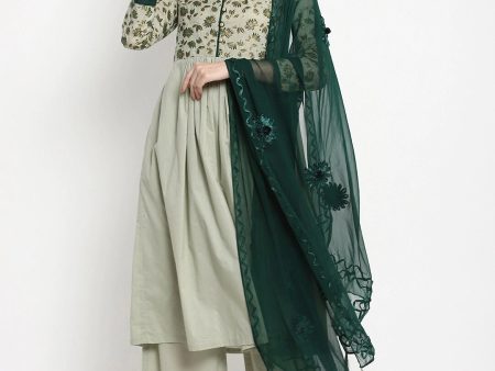 NOZ2TOZ Green Yoke Design Kurta With Palazzos & Dupatta Online now