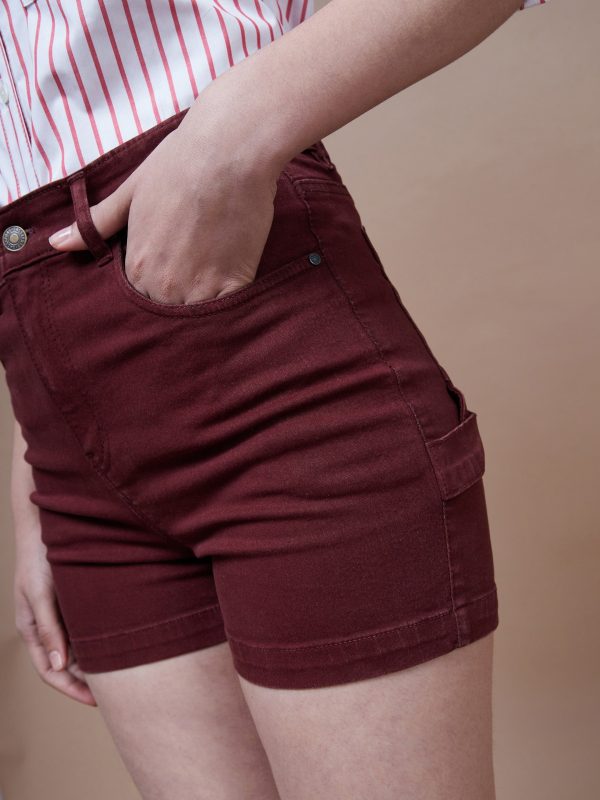 Lyush Women Burgundy Denim Shorts Discount